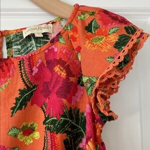 Cynthia Rowley Blooming Garden Linen Blouse w Ruffle Sleeves XS w MEASUREMENTS